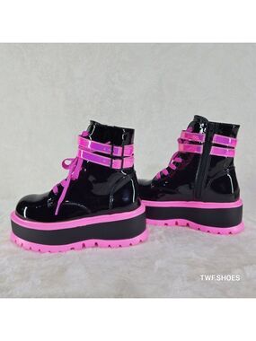 Slacker Neon Pink Black Patent Platform Combat Ankle Boots Punk Rave Festival